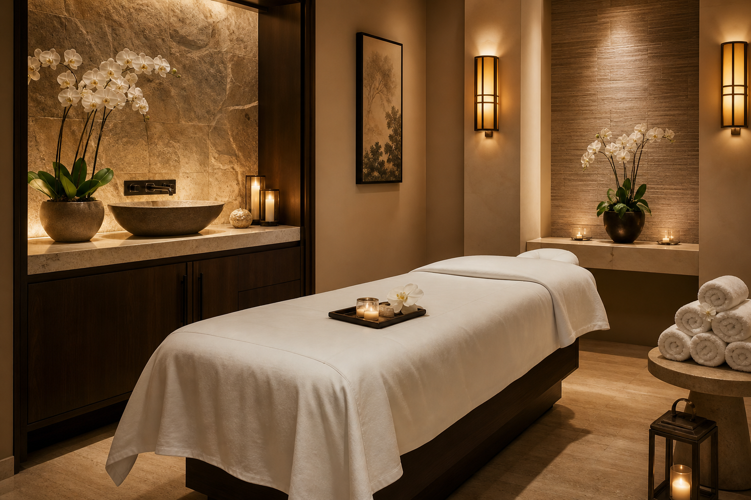 Luxury treatment room at New Max Spa with massage bed, orchid flowers and warm ambient lighting