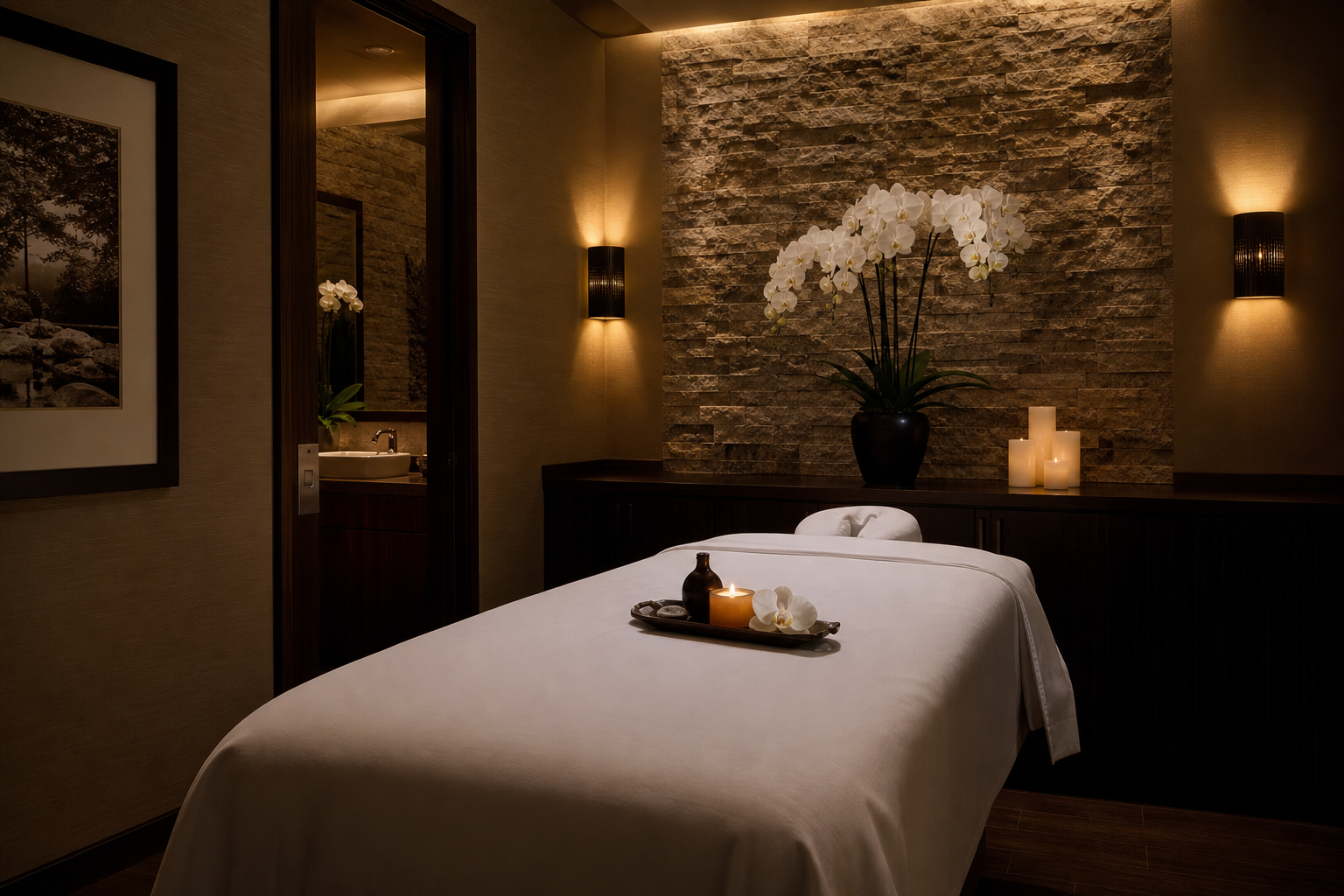Luxury private treatment room with massage bed, orchids and warm stone wall