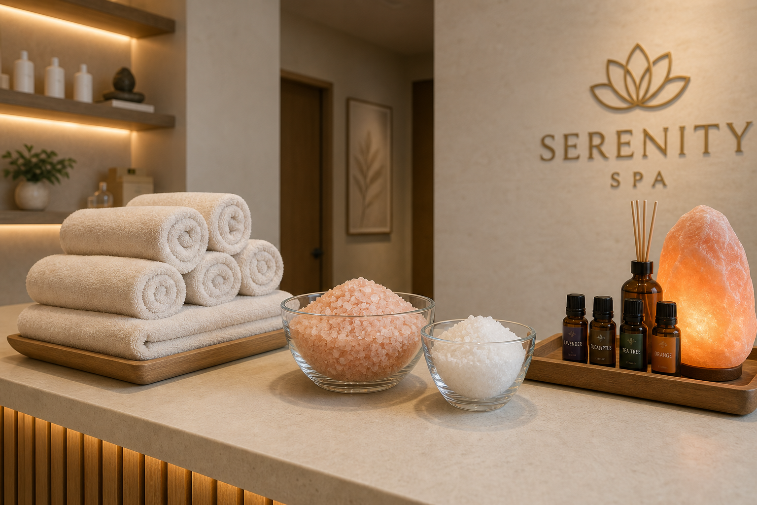 Spa reception counter with rolled towels, bath salts and Himalayan salt lamp