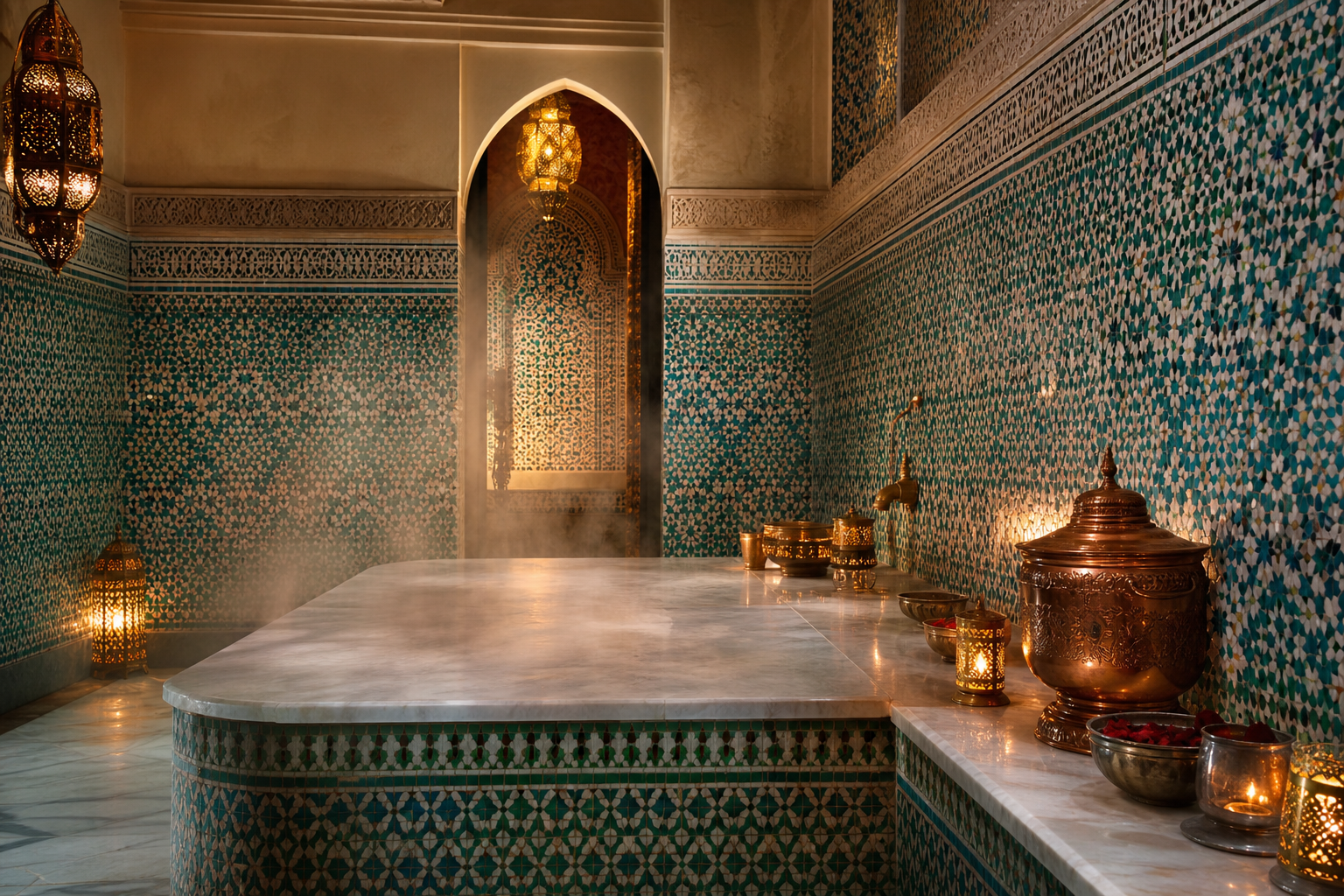 Traditional Moroccan hammam with zellige mosaic tiles and copper lanterns
