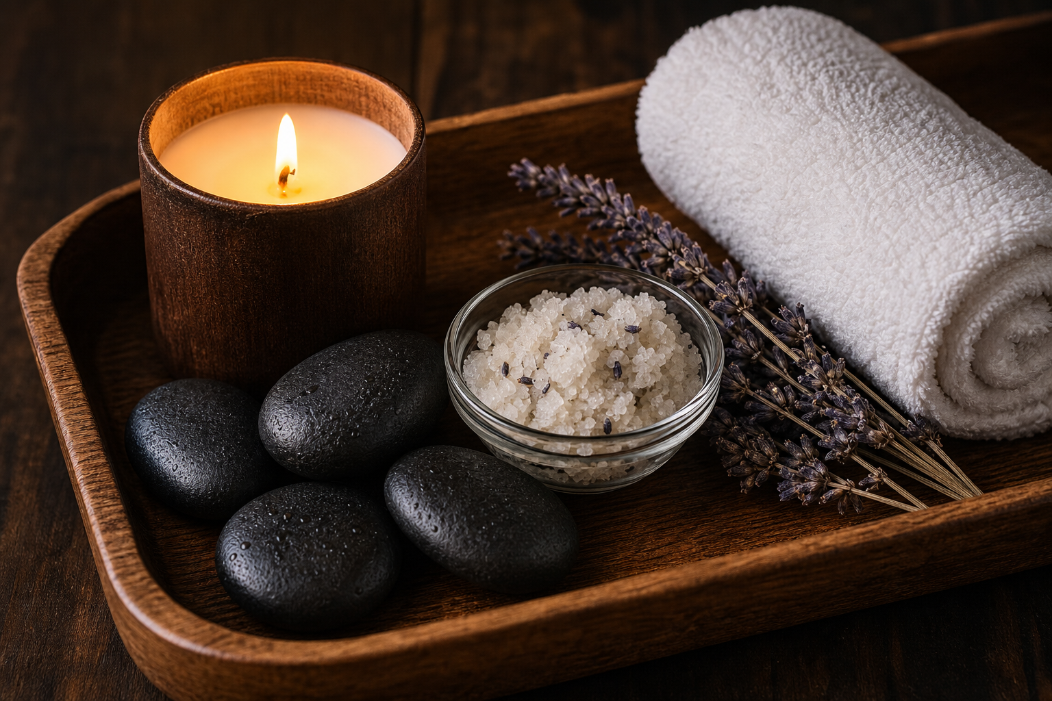 Wooden spa tray with hot stones, sea salt scrub, lavender and candle