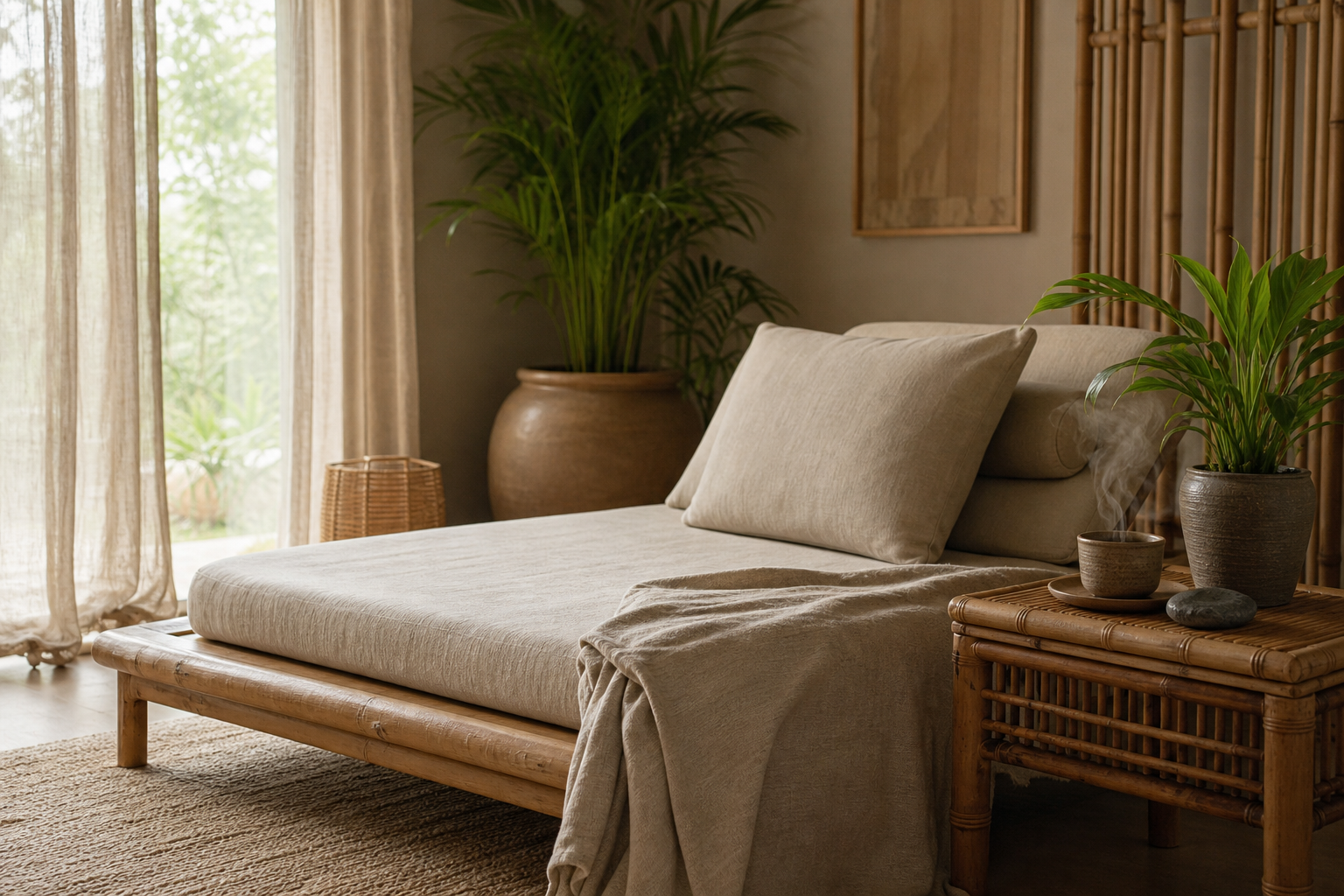 Serene relaxation lounge with bamboo daybed, linen cushions and tropical plants