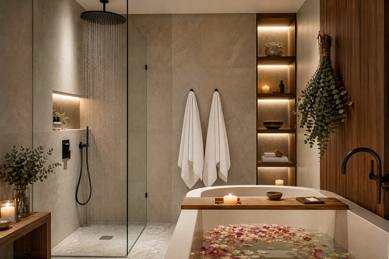 Luxury spa bathroom with rain shower and flower petal soaking tub