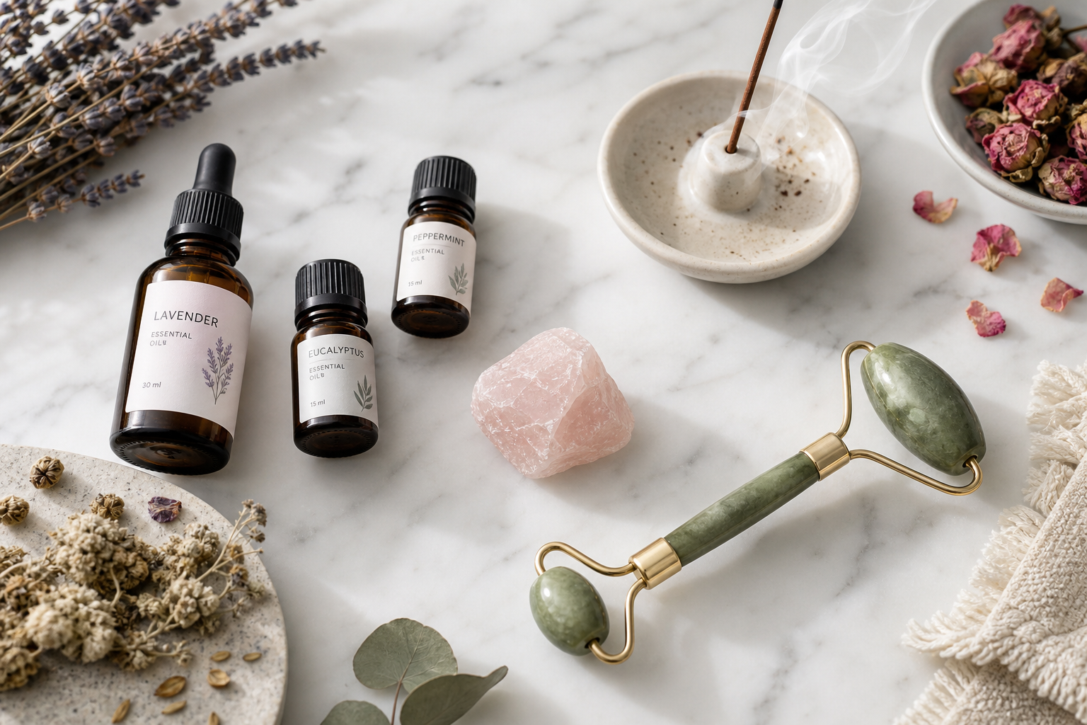 Spa product flat lay with essential oils, jade roller and rose quartz on marble