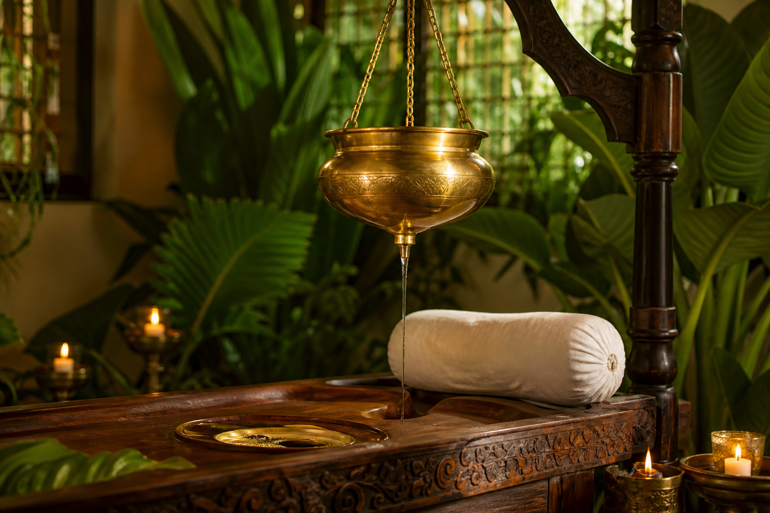 Ayurvedic shirodhara brass vessel dripping warm oil above a carved treatment table