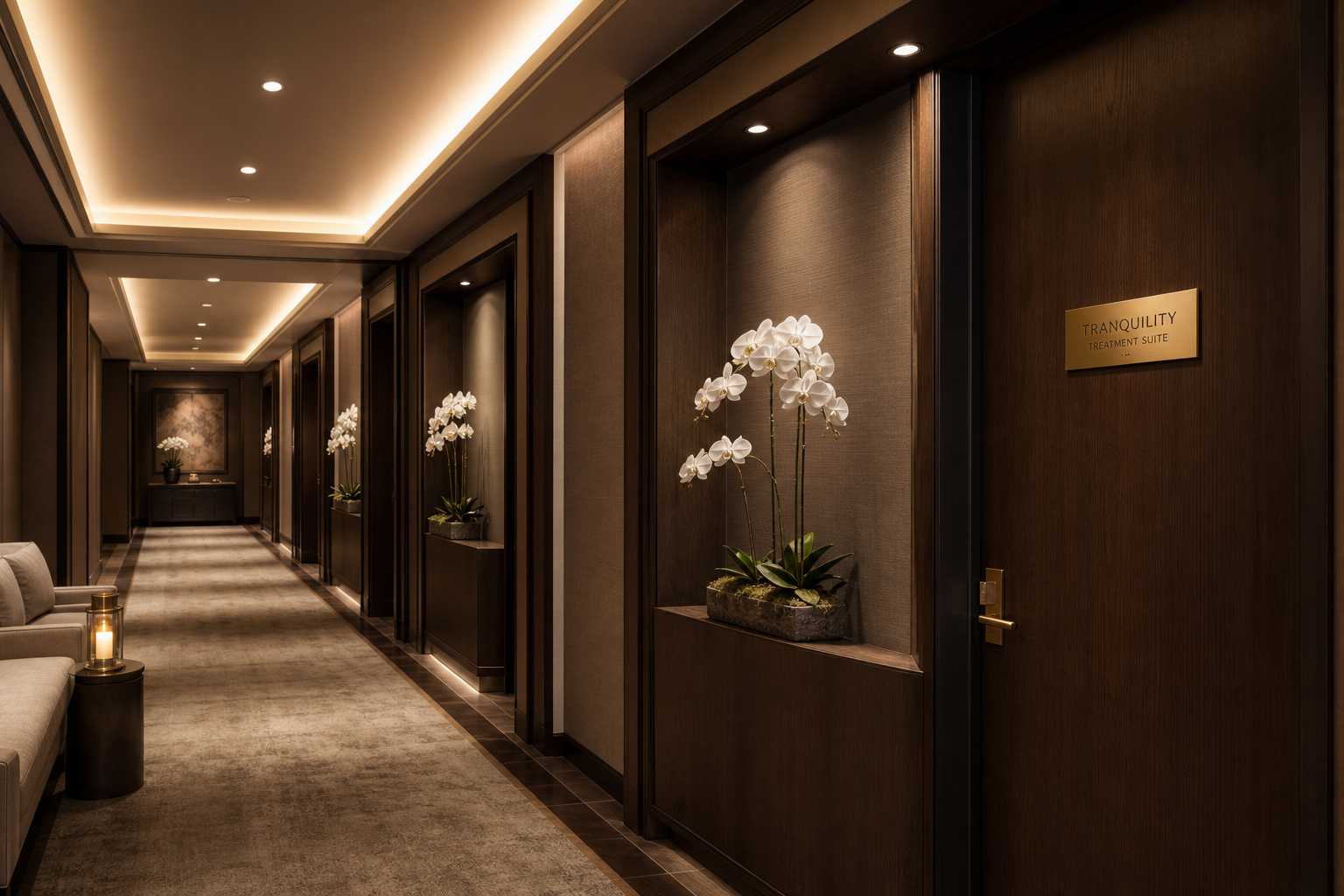 Elegant spa corridor with warm recessed lighting and white orchid arrangements