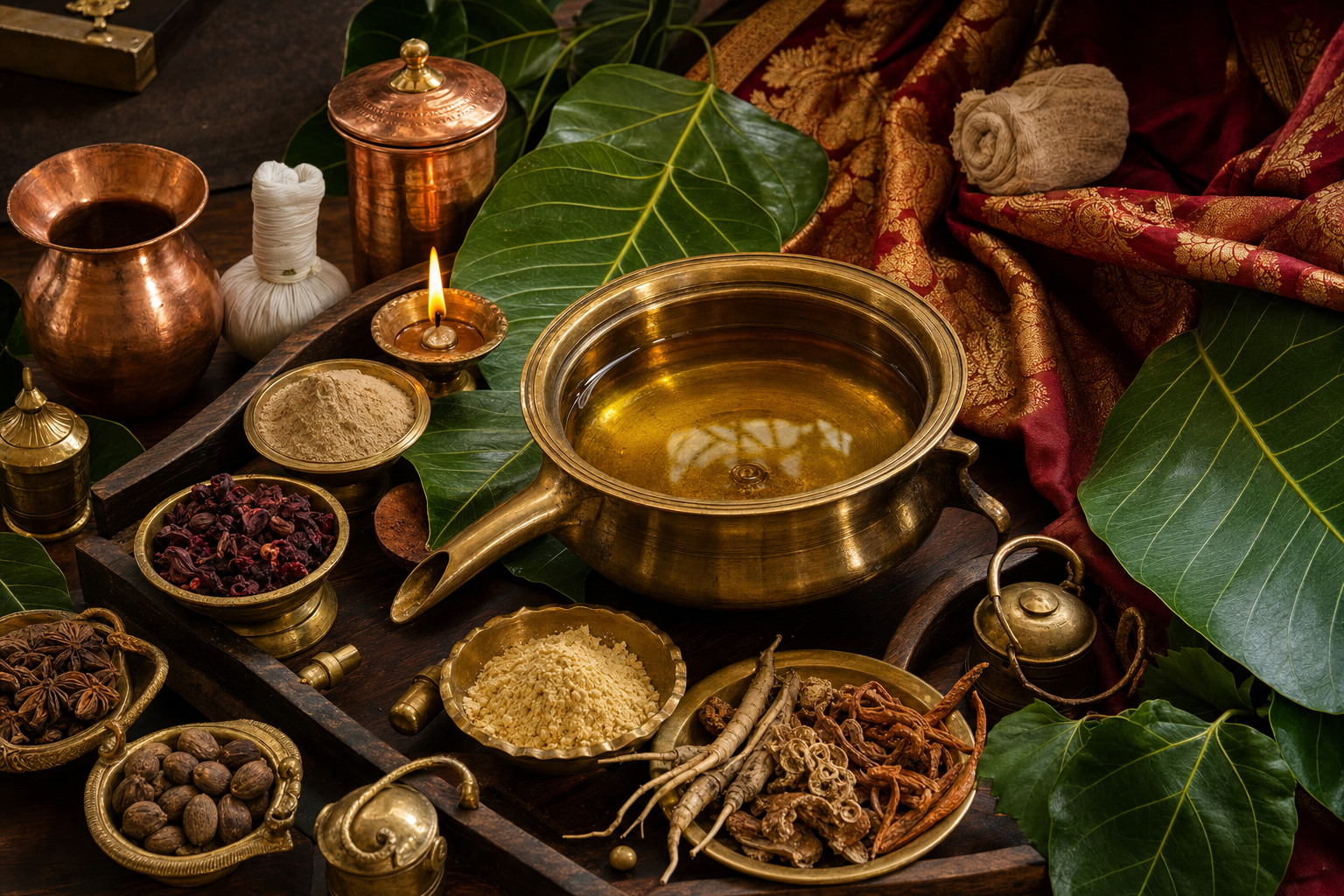 Traditional Ayurvedic brass vessels, herbal oils and spices