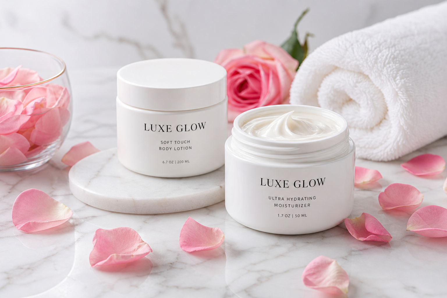 Luxury lotion and rose petals arranged for a hydrating massage treatment