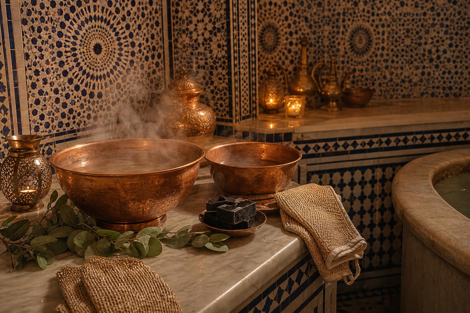 Moroccan hammam copper bowls and traditional bath ritual