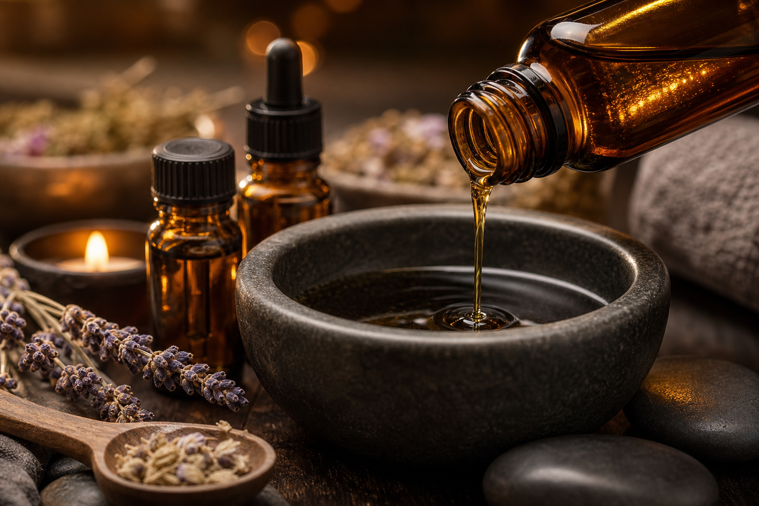 Warm aromatic oils and lavender for oil massage therapy